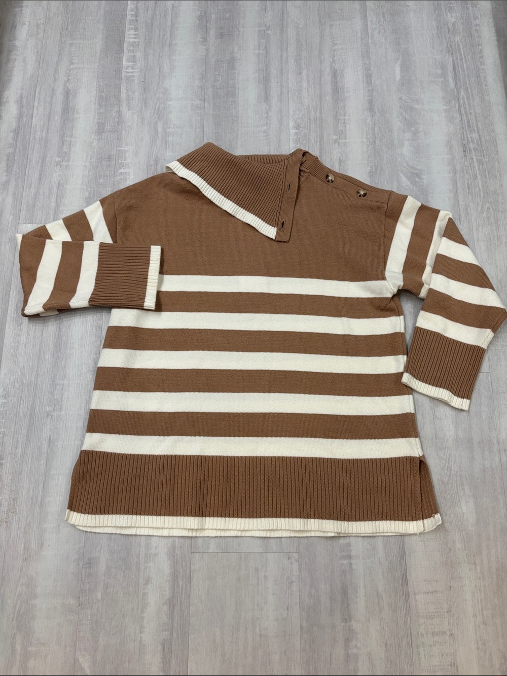 Kim Rogers Brown and Cream Striped Cowl Neck Sweater Ribbed Waist & Arms